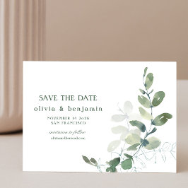 Rustige botanische eucalyptusbruiloft save the date