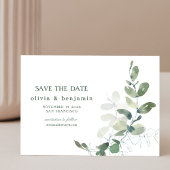 Rustige botanische eucalyptusbruiloft save the date