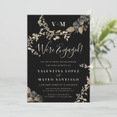 Rustige Botanische Monogram Black Engagement Party Kaart (Staand voorkant)