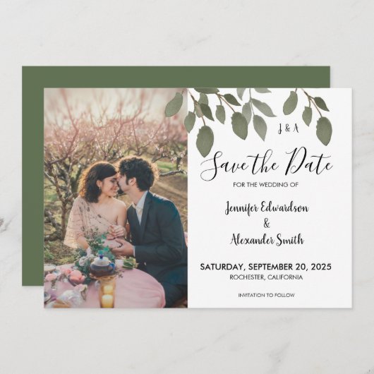 Rustige botanische monogram foto Save the Date Kaart (Voorkant / Achterkant)