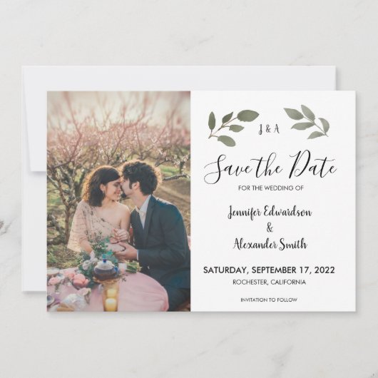 Rustige botanische monogram foto Save the Date Kaart (Voorkant)