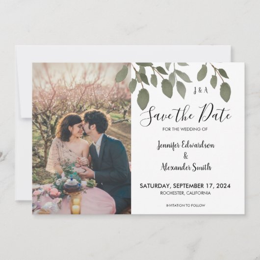 Rustige botanische monogram foto Save the Date Kaart (Voorkant)