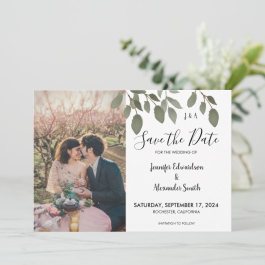 Rustige botanische monogram foto Save the Date Kaart (Staand voorkant)
