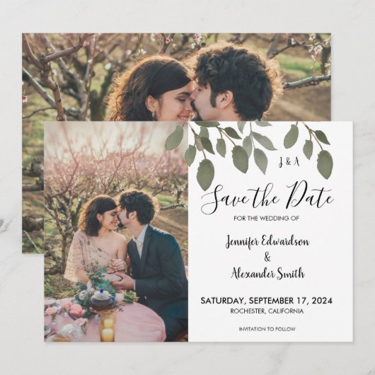 Rustige botanische monogram foto Save the Date Kaart (Voorkant / Achterkant)