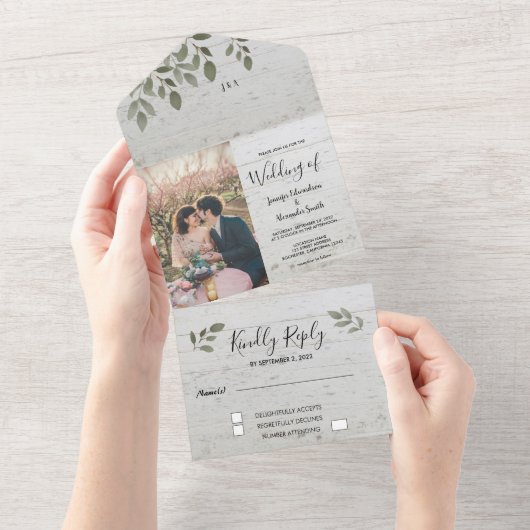 Rustige, botanische monogram fotobruiloft all in one uitnodiging (Afscheurbaar)