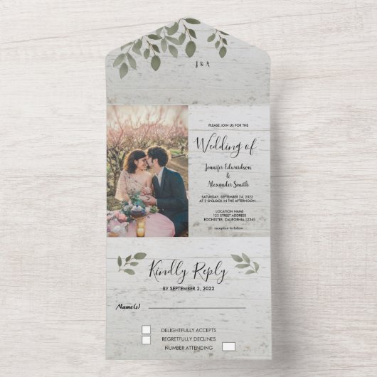 Rustige, botanische monogram fotobruiloft all in one uitnodiging (Binnen)