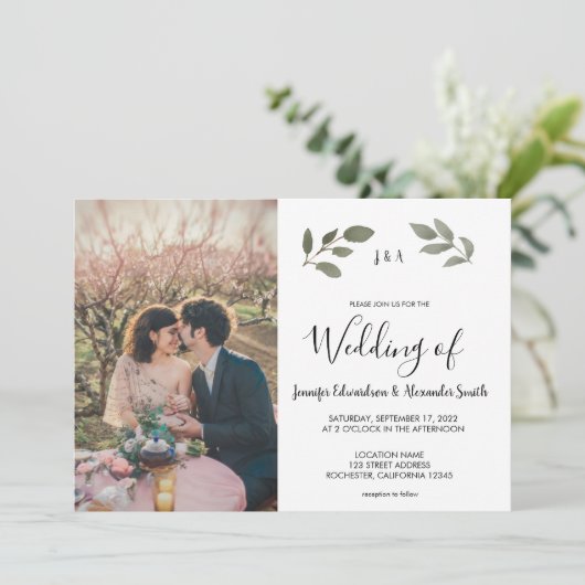Rustige botanische monogrammed foto Wedding Kaart (Staand voorkant)