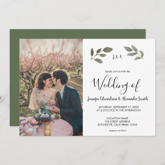 Rustige botanische monogrammed foto Wedding Kaart (Voorkant / Achterkant)