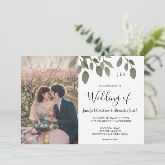 Rustige botanische monogrammed foto Wedding Kaart (Staand voorkant)