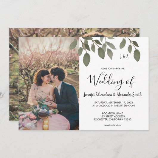 Rustige botanische monogrammed foto Wedding Kaart (Voorkant / Achterkant)