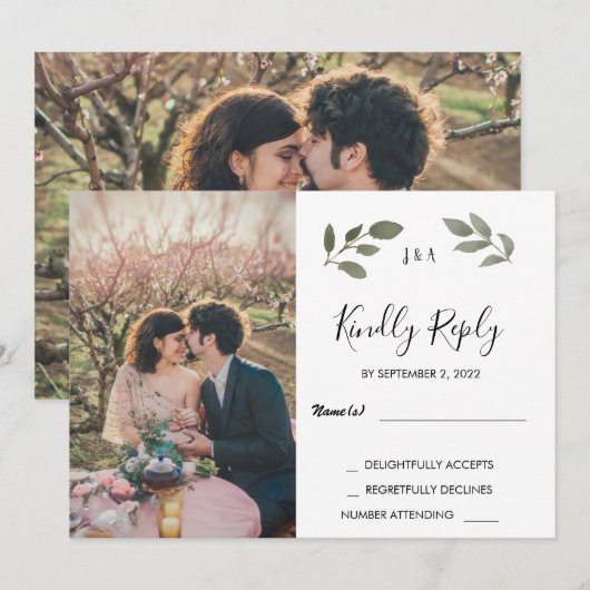 Rustige botanische monogrammen foto Wedding RSVP Kaart (Voorkant / Achterkant)