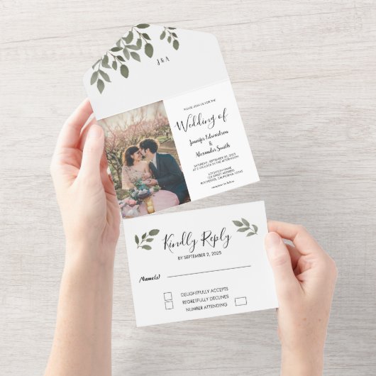 Rustige botanische monogrammen fotobruiloft all in one uitnodiging (Afscheurbaar)