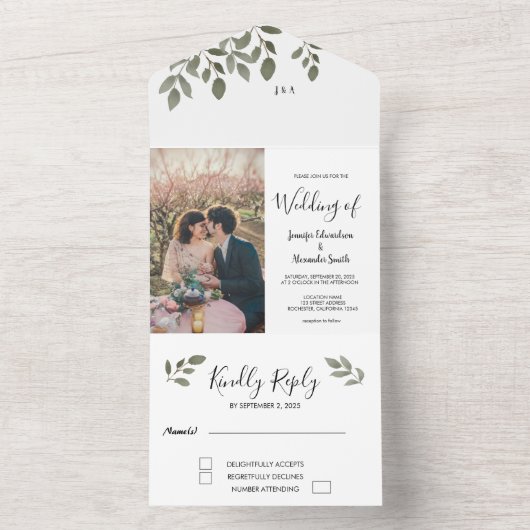 Rustige botanische monogrammen fotobruiloft all in one uitnodiging (Binnen)