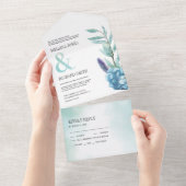 Rustige botanische mosterdblauw huwelijk all in one uitnodiging (Afscheurbaar)