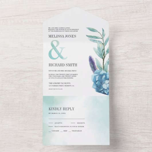 Rustige botanische mosterdblauw huwelijk all in one uitnodiging (Binnen)