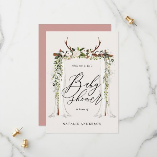 Rustige botanische vlek genderneutraal baby shower save the date (Voorkant / Achterkant in situ)