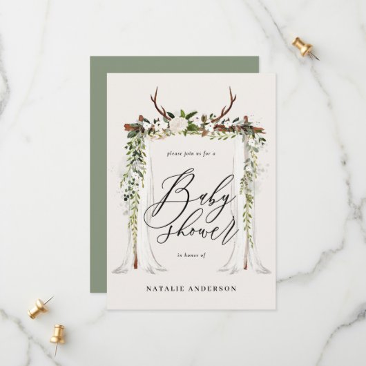 Rustige botanische vlek genderneutraal baby shower save the date (Voorkant / Achterkant in situ)