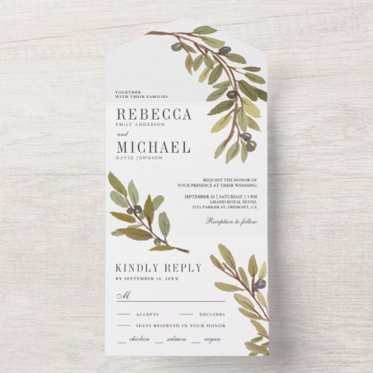 Rustige botanische Waterverf Olive Branch Wedding All In One Uitnodiging (Binnen)