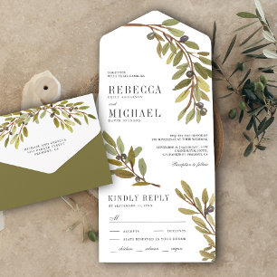 Rustige botanische Waterverf Olive Branch Wedding All In One Uitnodiging
