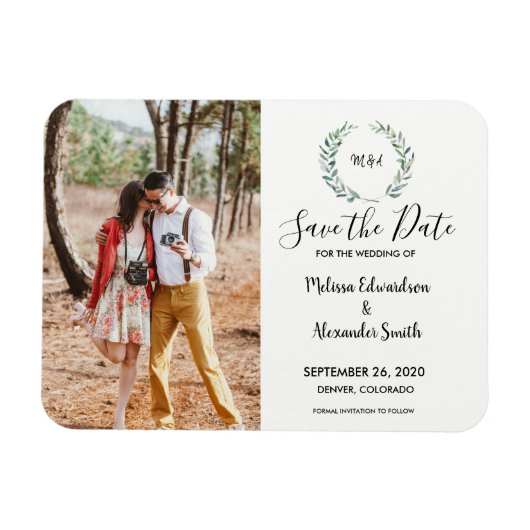 Rustige botanische waterverf verlaat monogram foto magneet (Horizontaal)