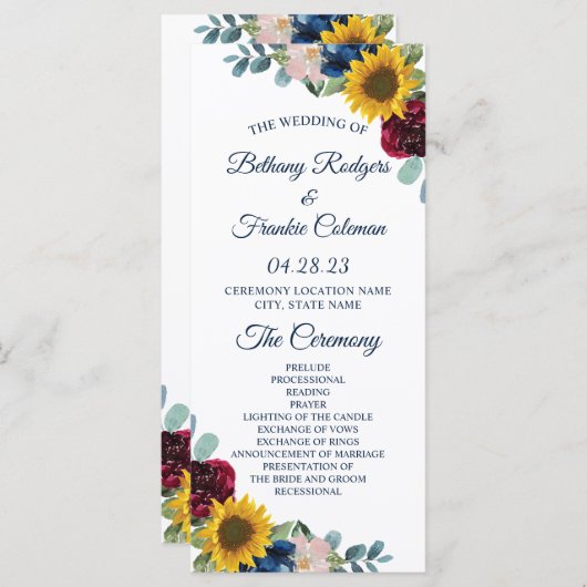 Rustige botanische zonnebloempels programmakaart (Voorkant / Achterkant)