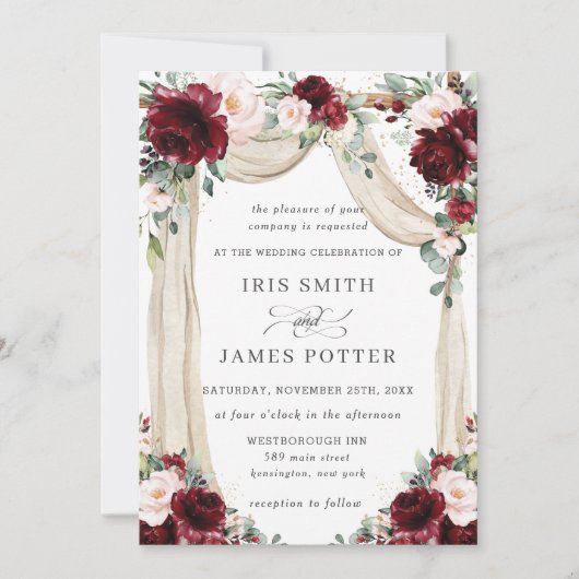 Rustige Bourgogne Blush Floral Flower Arch Wedding Kaart (Voorkant)
