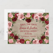 Rustige Bourgogne Blush Pink Floral Save Date Briefkaart (Voorkant / Achterkant)