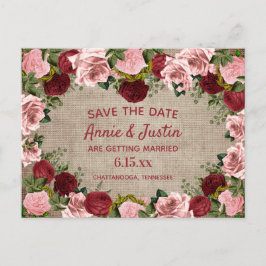 Rustige Bourgogne Blush Pink Floral Save Date Briefkaart