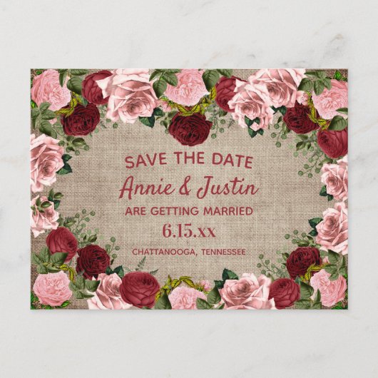 Rustige Bourgogne Blush Pink Floral Save Date Briefkaart (Voorkant)