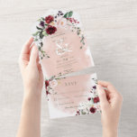 Rustige Bourgogne & Blush roze diner All In One Uitnodiging<br><div class="desc">OOK BESCHIKBAAR MET EEN QR-CODE OM IN HET RSVP-GEBIED TE SCAN. Dit ontwerp is voorzien van een zacht boog van marsala-wijn en roze rozen met groen en bessen op een zachte, dubbelkleurige waterverf splash background. De gepersonaliseerde alle-in-één uitnodigingen zijn een unieke combinatie van zowel een prachtig gedrukte douaneverzoeken met een...</div>