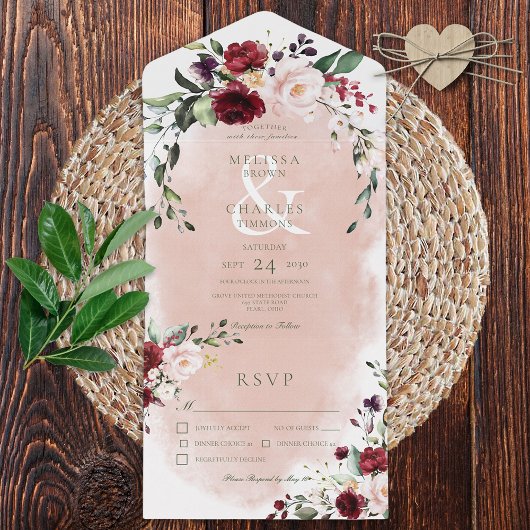 Rustige Bourgogne & Blush roze diner All In One Uitnodiging