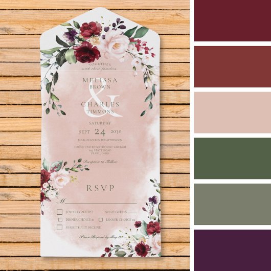 Rustige Bourgogne & Blush roze diner All In One Uitnodiging