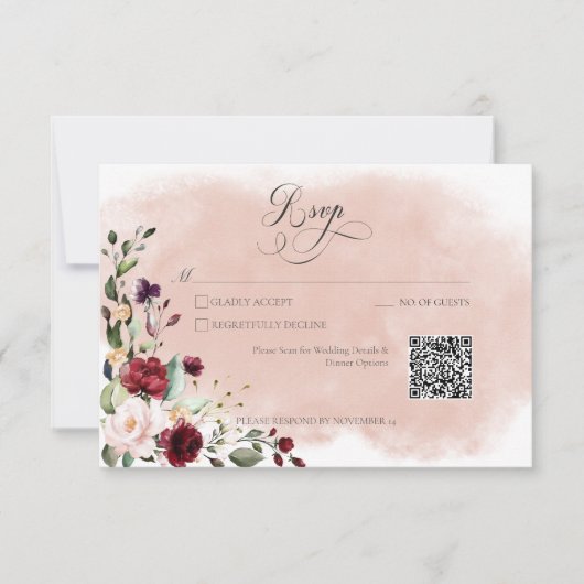 Rustige Bourgogne & Blush roze QR-code RSVP Kaartje (Voorkant)