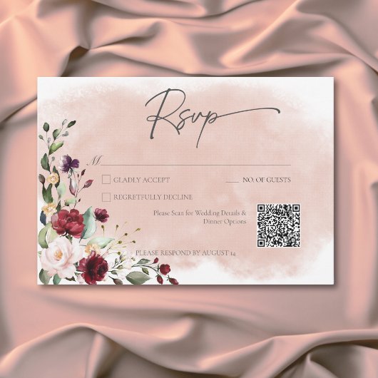 Rustige Bourgogne & Blush roze QR-code RSVP Kaartje