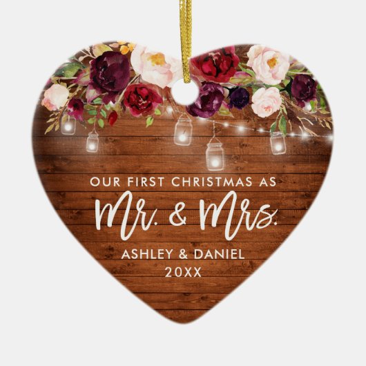 Rustige Bourgogne Floral Jar lights eerste kerstmi Keramisch Ornament (Voorkant)