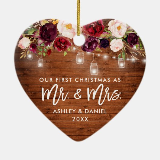 Rustige Bourgogne Floral Jar lights eerste kerstmi Keramisch Ornament (Achterkant)