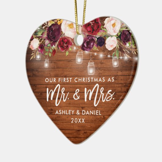 Rustige Bourgogne Floral Jar lights eerste kerstmi Keramisch Ornament (Links)