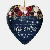 Rustige Bourgogne Floral licht eerste kerstblauw Keramisch Ornament (Rechts)