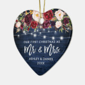 Rustige Bourgogne Floral licht eerste kerstblauw Keramisch Ornament (Links)