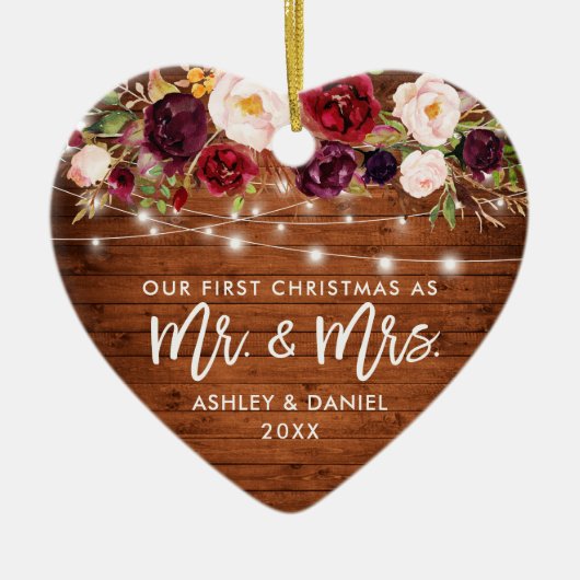 Rustige Bourgogne Floral licht eerste kerstmis Keramisch Ornament (Voorkant)