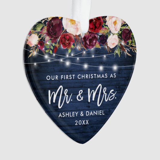 Rustige Bourgogne Floral licht kerstblauw Ornament (voorkant)