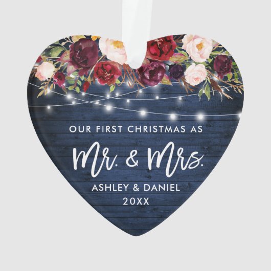 Rustige Bourgogne Floral licht kerstblauw Ornament (achterkant)