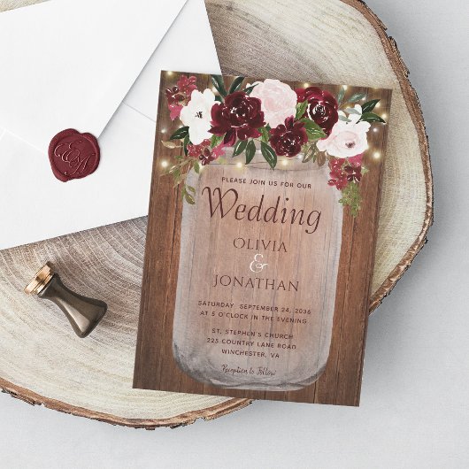 Rustige Bourgogne Floral Mason Jar Wedding Kaart