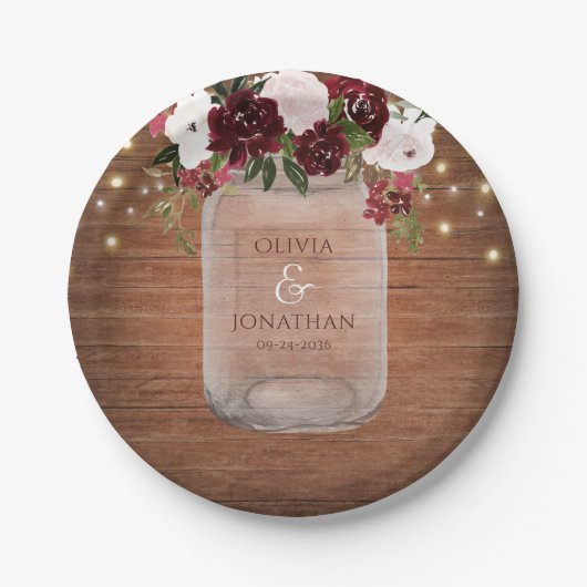 Rustige Bourgogne Floral Mason Jar Wedding Papieren Bordje (Voorkant)