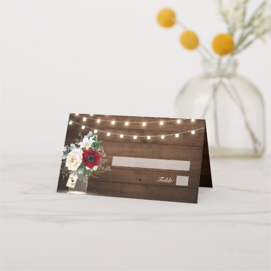 Rustige Bourgogne Floral Mason Jar Wedding Plaatskaartje (Voorkant)