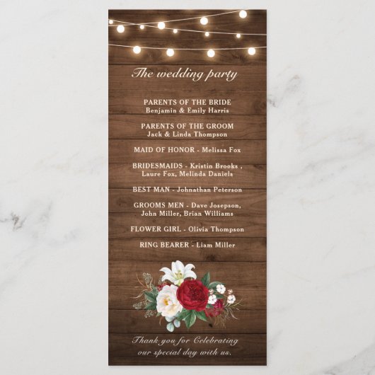 Rustige Bourgogne Floral Mason Jar Wedding Programmakaart (Achterkant)