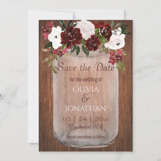 Rustige Bourgogne Floral Mason Jar Wedding Save The Date (Voorkant)