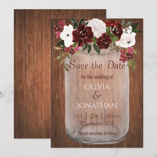 Rustige Bourgogne Floral Mason Jar Wedding Save The Date (Voorkant / Achterkant)