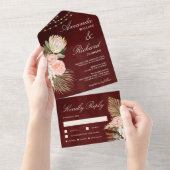 Rustige Bourgogne Floral Palm Protea Wedding All In One Uitnodiging (Afscheurbaar)