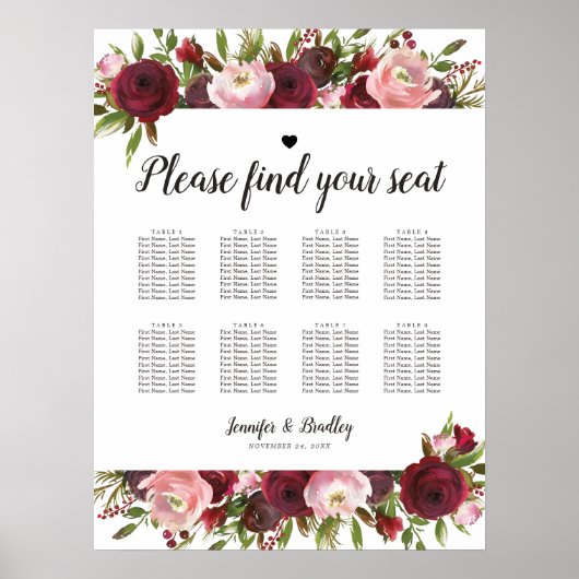 Rustige Bourgogne Floral Wedding 8 Tafel Poster (Voorkant)